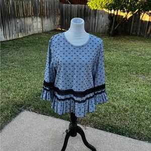 Kobi Halperin Gray Blouse with Black Lace Trim